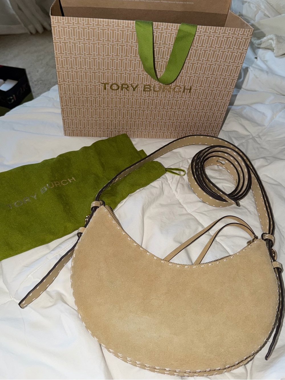Tory Burch Beige Suede Crescent Shoulder Bag